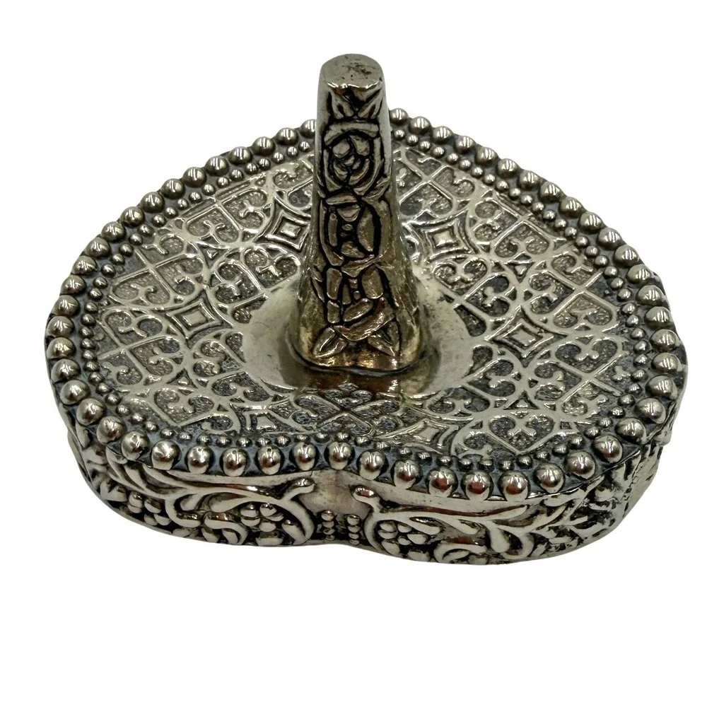 Vintage Ornate Silver Heart Ring Holder Filigree Beaded Jewelry Dish Vanity Tray